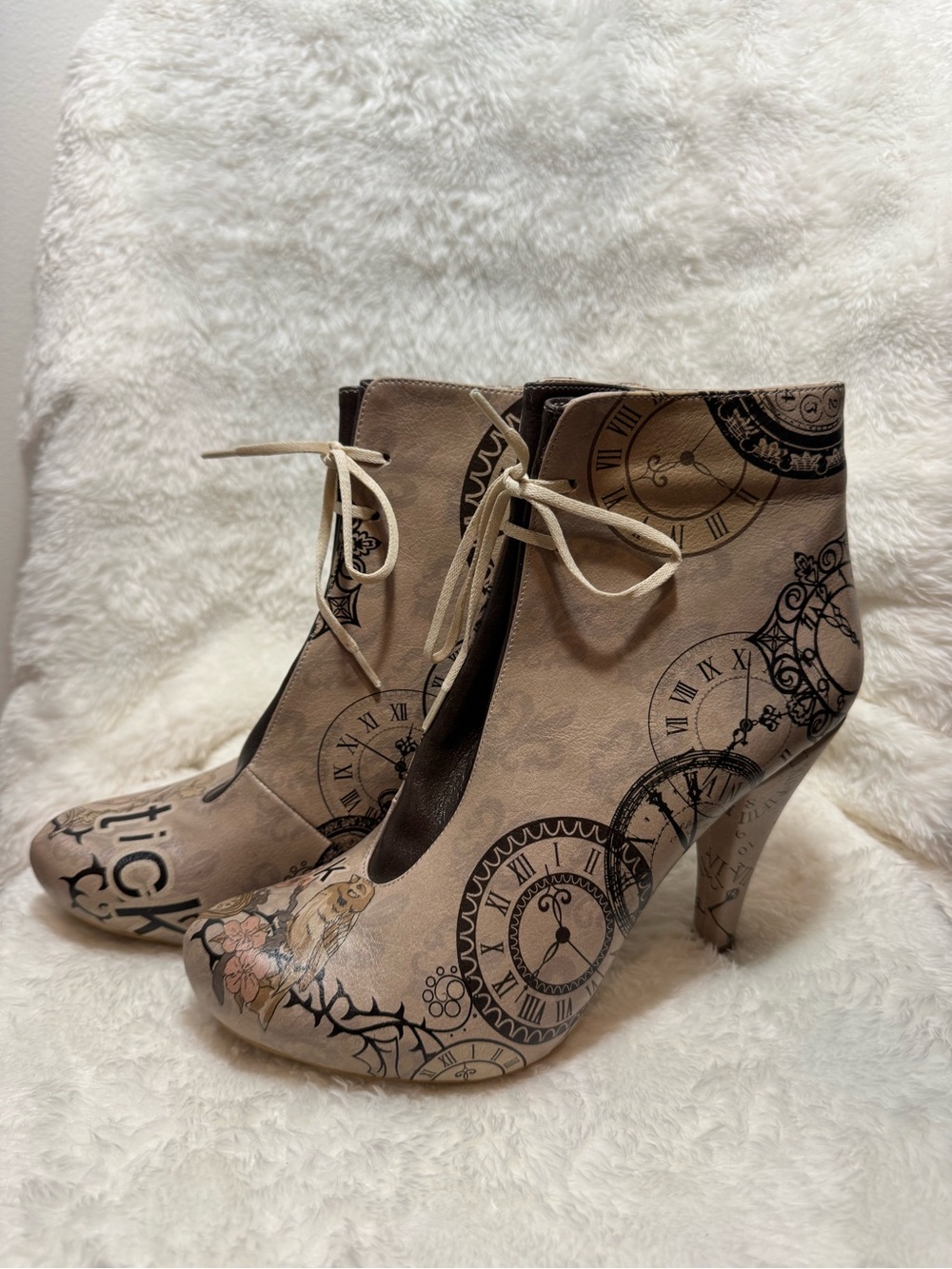 Taupe Lace-Up Ankle Boots with Steampunk Clock Print